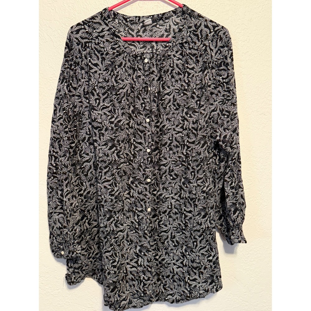 Old Navy Womens 3X Plus Black Floral Oversize LS Tunic Blouse 570495-00
